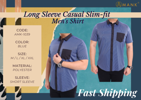 Men Casual Slim Blue Stripes Shirt Slim-Fit Cutting AMK39