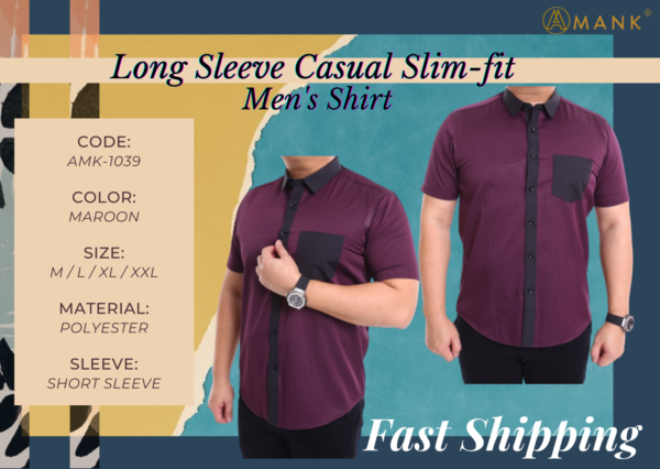 Men Casual Slim Short Sleeve Maroon Stripes Shirt Slim-Fit Cutting AMK39