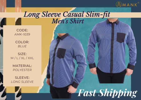 Men Casual Slim Long Sleeve Blue Stripes Shirt Slim-Fit Cutting AMK39