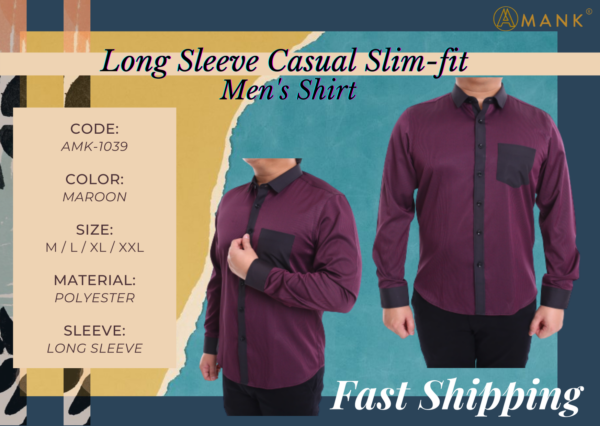 Men Casual Slim Long Sleeve Maroon Stripes Shirt Slim-Fit Cutting AMK39