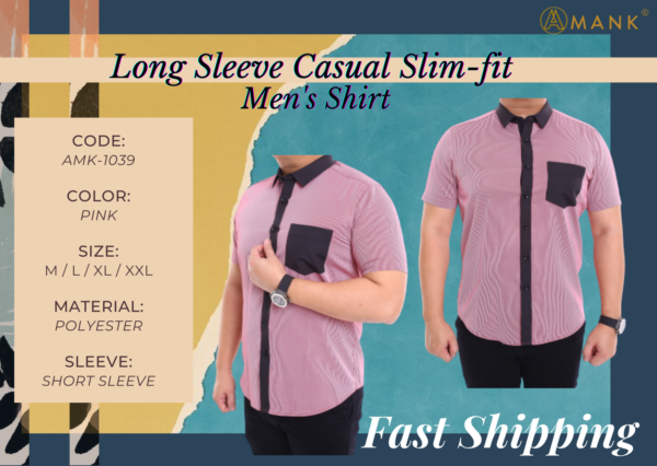 Men Casual Slim Short Sleeve Pink Stripes Shirt Slim-Fit Cutting AMK39