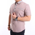 Men Casual Slim Short Sleeve Khaki Plain Shirt Slim-Fit Cutting AMK47