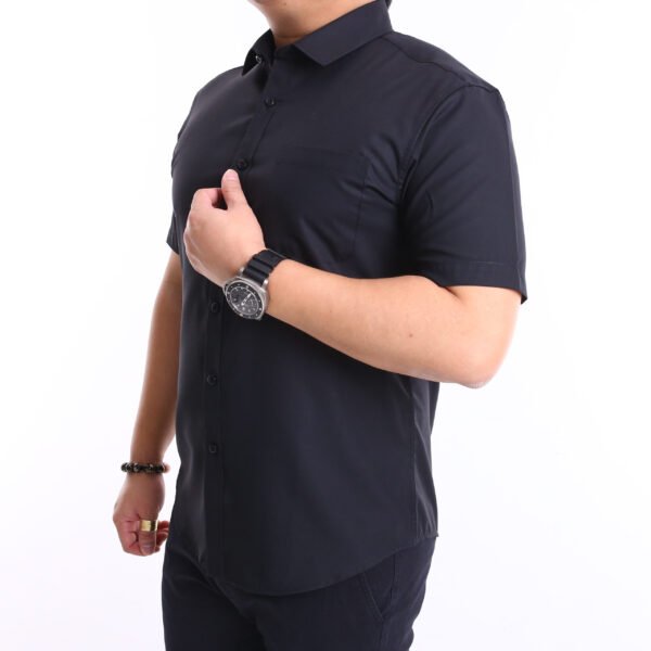 Men Casual Slim Short Sleeve Black Plain Shirt Slim-Fit Cutting AMK49
