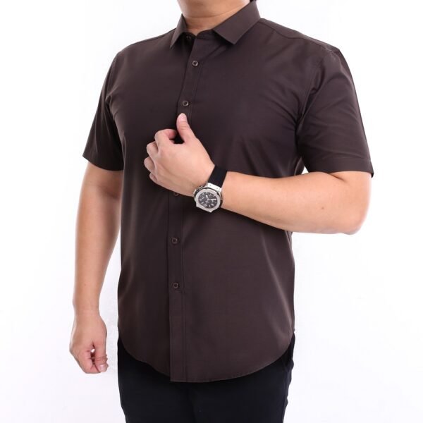 Men Casual Slim Short Sleeve Dark Brown Plain Shirt Slim-Fit Cutting AMK58