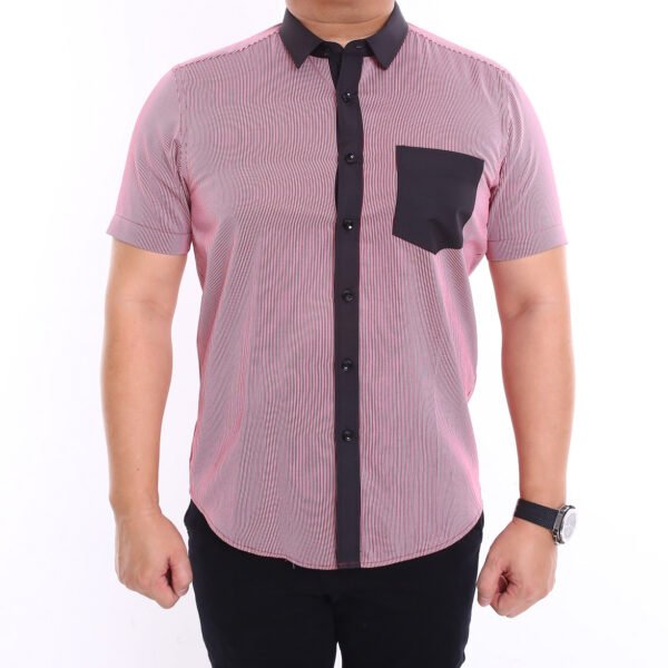 Men Casual Slim Short Sleeve Pink Stripes Shirt Slim-Fit Cutting AMK39