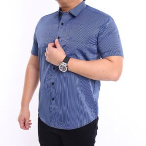 Men Casual Slim Short Sleeve Blue Plain Shirt Slim-Fit Cutting AMK40