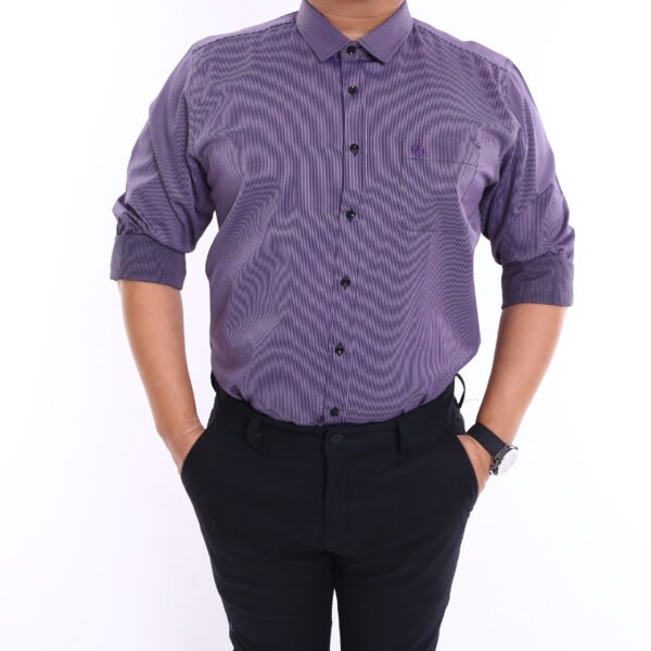 Men Casual Slim Long Sleeve Purple Stripes Shirt Slim-Fit Cutting AMK40