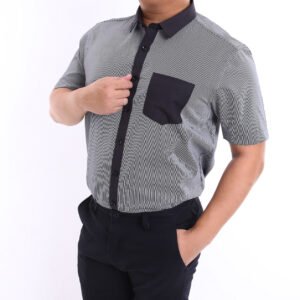 Men Casual Slim Short Sleeve Grey Stripes Shirt Slim-Fit Cutting AMK39