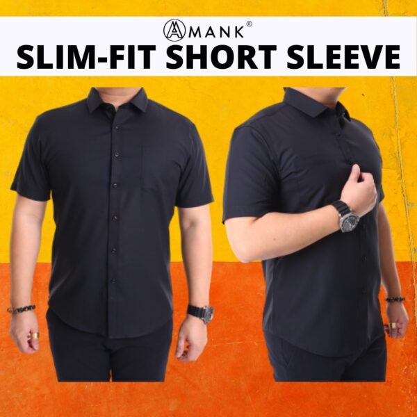 Men Casual Slim Short Sleeve Black Plain Shirt Slim-Fit Cutting AMK49