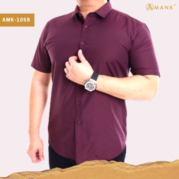 Men Casual Slim Short Sleeve Maroon Plain Shirt Slim-Fit Cutting AMK58