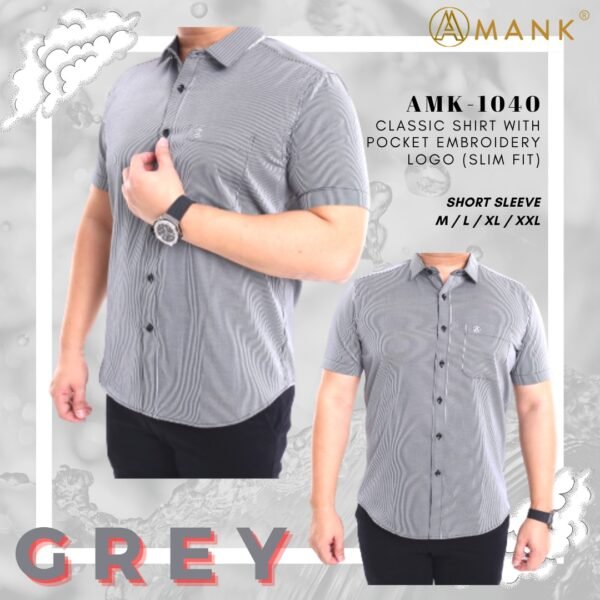 Men Casual Slim Short Sleeve Grey Plain Shirt Slim-Fit Cutting AMK40