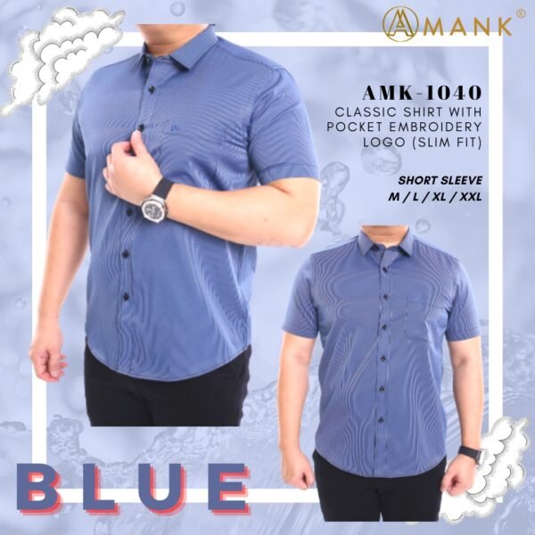 Men Casual Slim Short Sleeve Blue Plain Shirt Slim-Fit Cutting AMK40