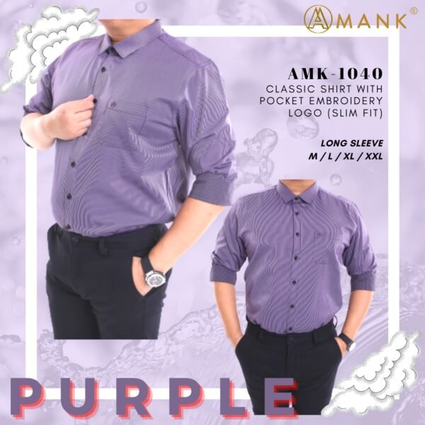 Men Casual Slim Long Sleeve Purple Stripes Shirt Slim-Fit Cutting AMK40