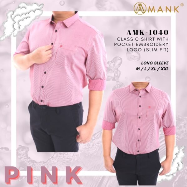Men Casual Slim Long Sleeve Pink Stripes Shirt Slim-Fit Cutting AMK40