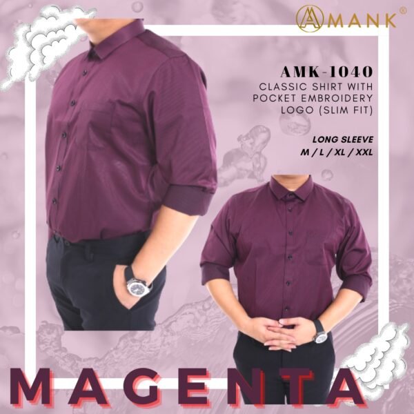 Men Casual Slim Long Sleeve Magenta Stripes Shirt Slim-Fit Cutting AMK40