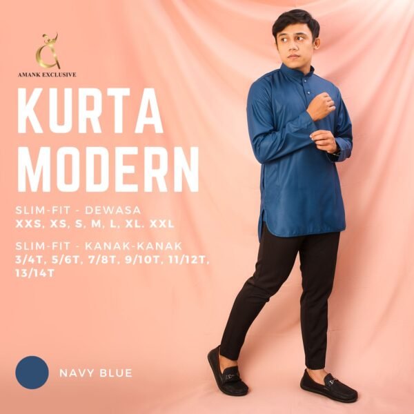 Kurta Lelaki Navy Blue Slim-Fit Sedondon - AMK-8130